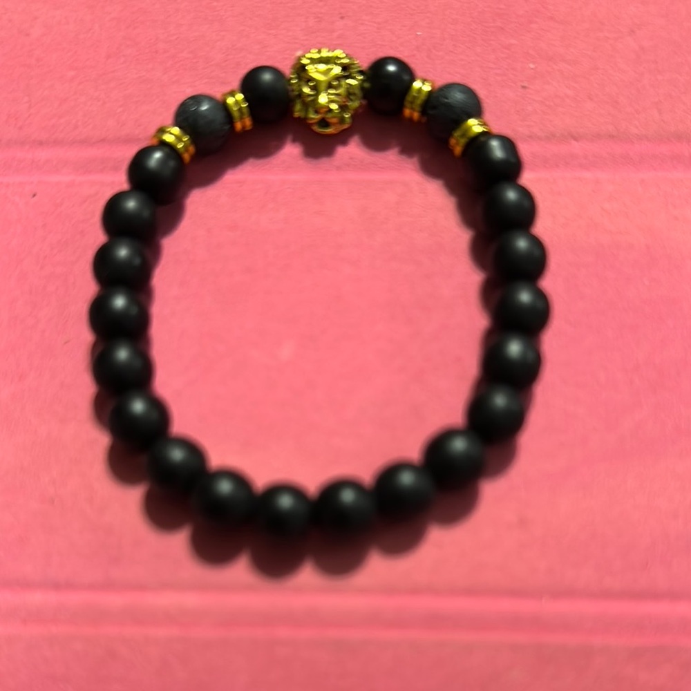 Black Beaded Bracelet with Gold Lion Charm